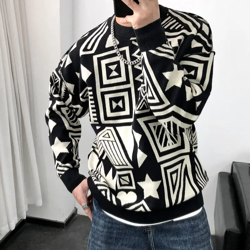 2024 Spring and Autumn New PatternFashion Casual Contrast Color Printed Chao Pai All-match Sweater Men's O-Neck Pullovers Tops