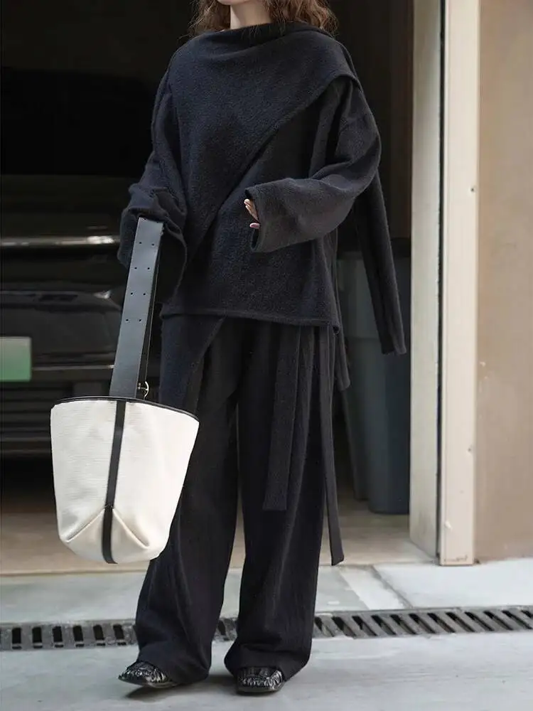 FANAN Office Lady Set da 2 pezzi Pullover a maniche lunghe irregolari da donna Top + Cintura a vita alta Pantaloni a vita raccolta 2025 Autunno Nuovo