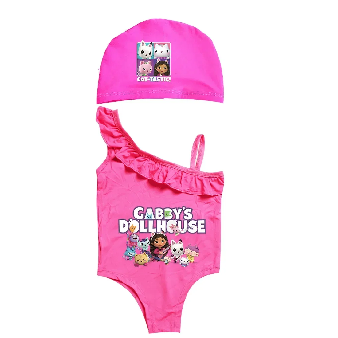 Gabbys Doolhouse costumi da bagno bambini Cartoon BeachWear con berretto 2 pezzi Set ragazza senza maniche costume da bagno ragazze Cartoon Gabby