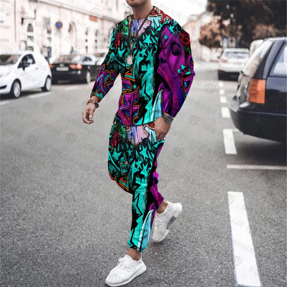 Autumn And Winter New Retro Graffiti 3D Printing Long Sleeves + Sports Trousers Casual Fashion Personality Two-Piece Set 4XL