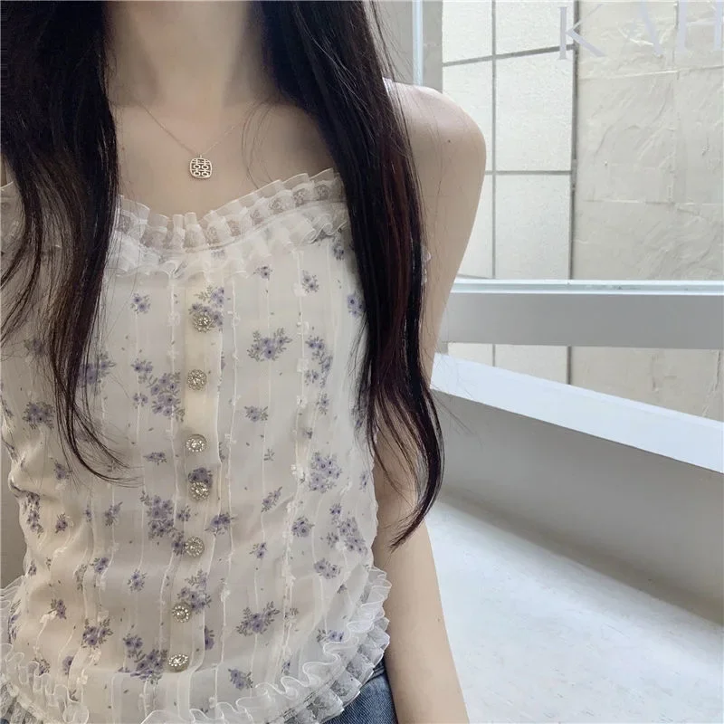 Floral Tube Tops French Wood Ear-hem Camisole Women\'s Breathable Lace Tank Tops Back-beautiful Underwear for Summer