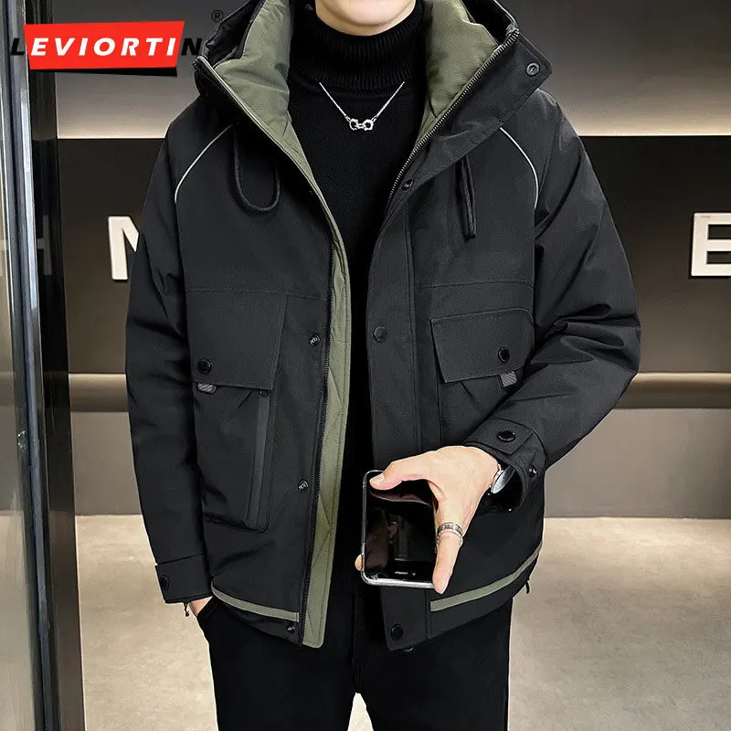 

2025 Winter New Men's Fashion Trendy Versatile Hoodie Work Clothes Outdoor Loose Pocket Design Solid Color Thick Down Jacket