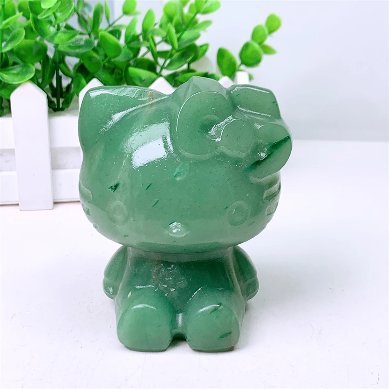 10CM Natural Green Aventurine Cartoon KT Cat Carving Quartz Healing Crystal Stone Cute Birthday Present Home Decoration 1PCS