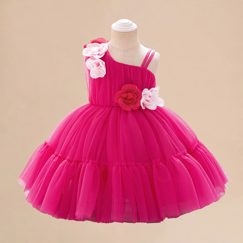 Girl Wedding Flower Dress Same Multi-color Off-shoulder Dress Baby Host Three-dimensional Flower Gown Piano Performance Frocks