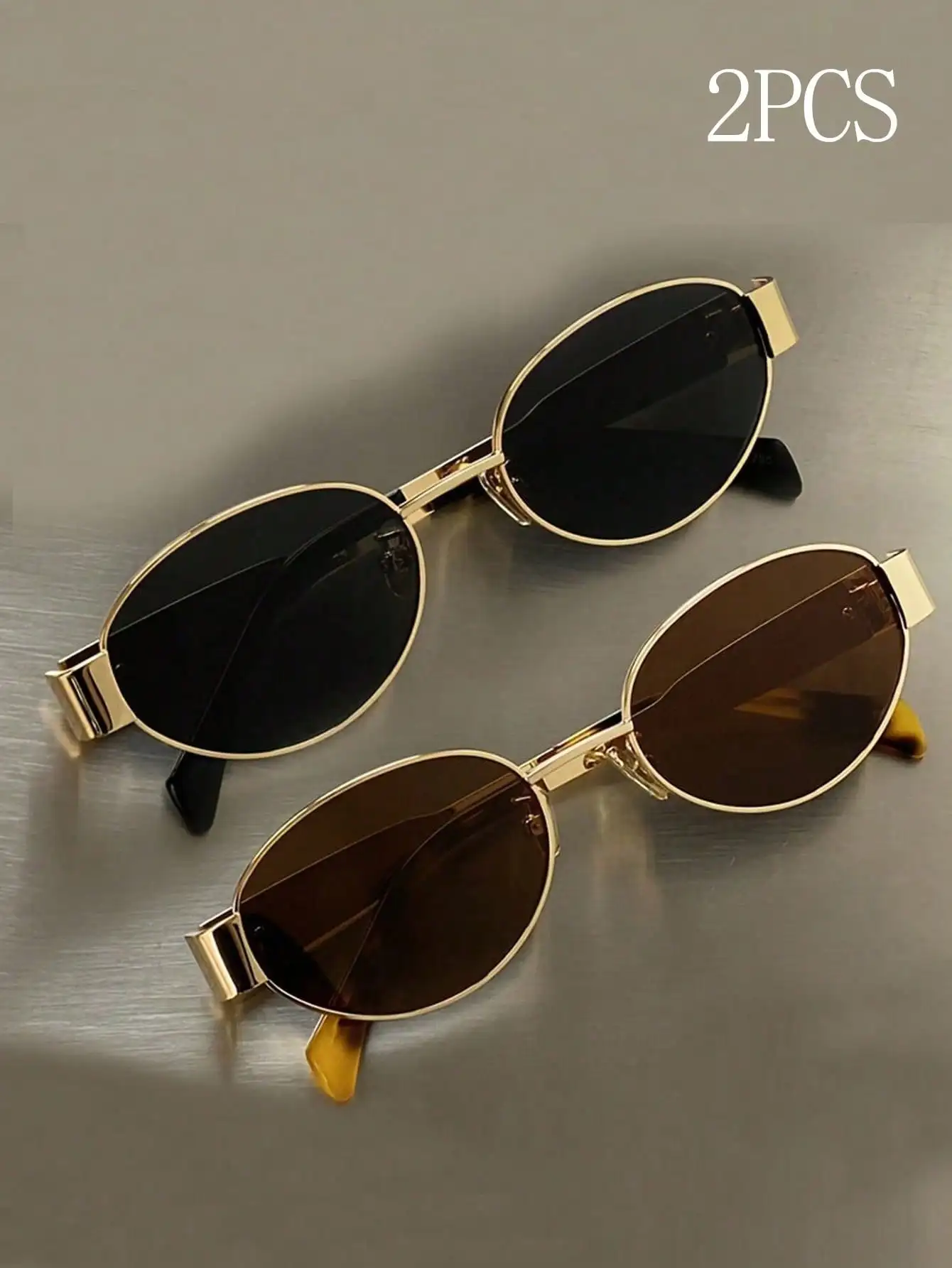 

2-Pack Oval Metal Frame Sunglasses with Gold Trim, Black & Brown Lenses
