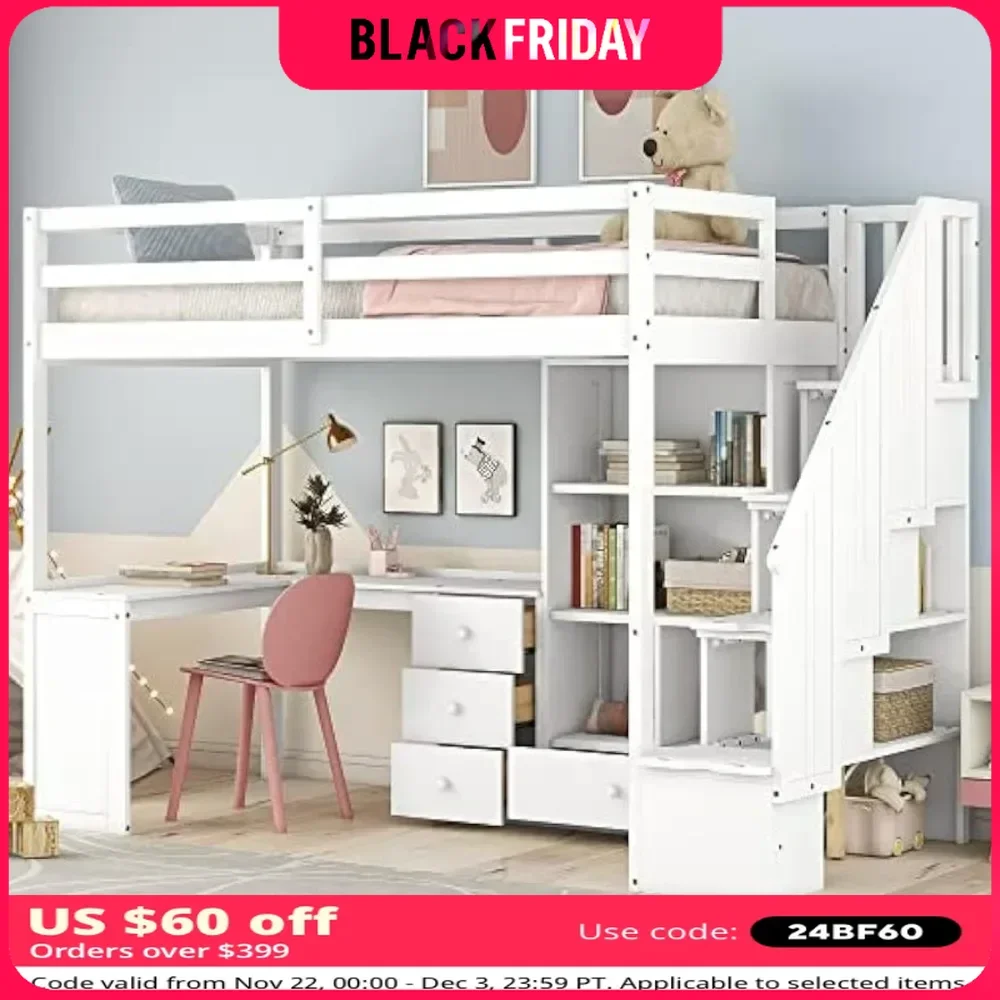 Bunk Beds Twin Loft Bed, Stairs and L-Shaped Desk, Solid Wood Loft Bed Frame with Bookcase and Storage Drawers, Loft Bed