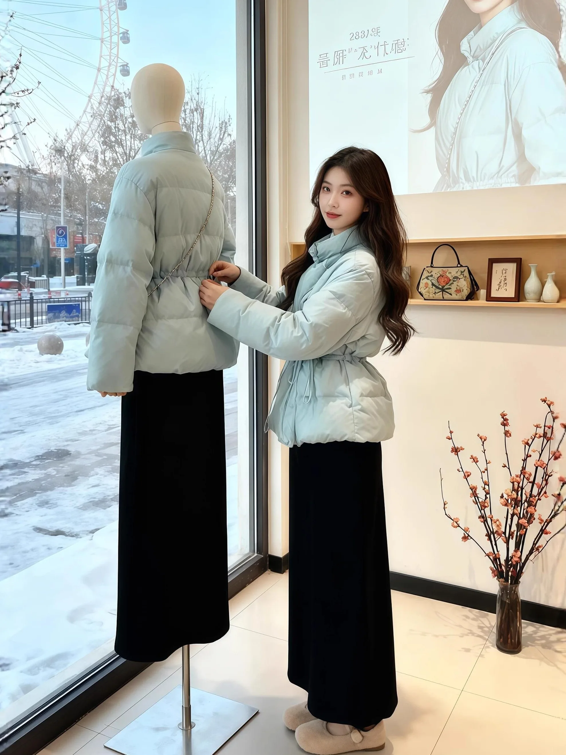 

Unique Elegant Light Blue Cotton Jacket Women's Winter Fashion Korean Style Warm Long Coat for Successful Ladies