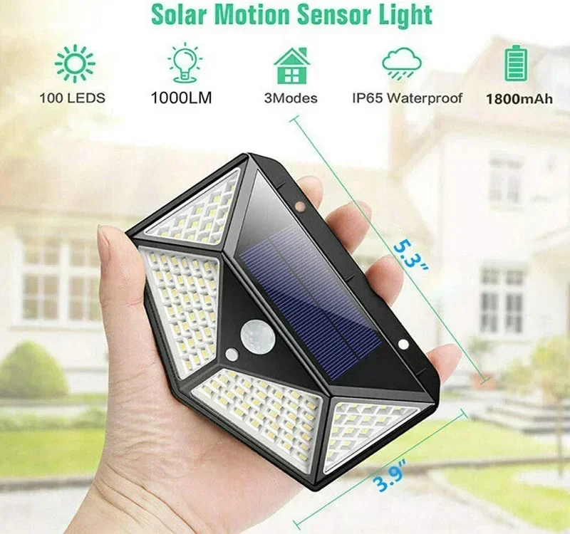 LED Solar Wall Light com sensor de movimento PIR, lâmpada ao ar livre, luz solar alimentada, lâmpadas de rua, decoração do jardim, 100 LEDs, 1 Pc,