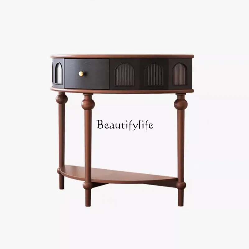 

French semicircular entrance table entry black American retro solid wood light luxury storage glass foyer cabinet