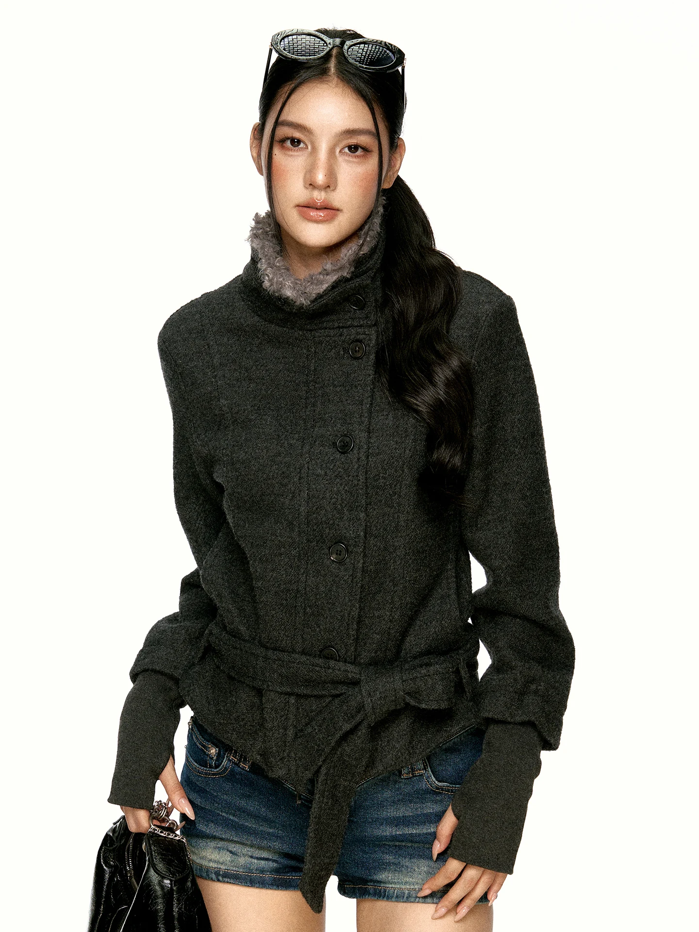 Aaisup American Style Short Jacket Women's Waist-Cinching Coat with Fur Collar And Tie Design Autumn Commute Stand Collar