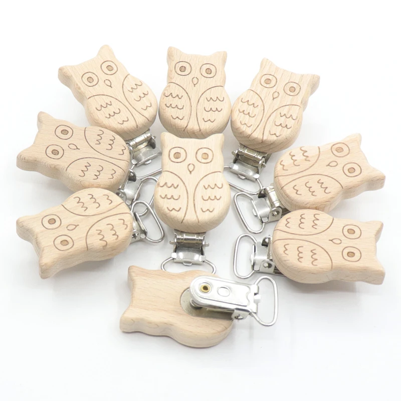 5Pcs Food Grade Beech Wooden Clip Cute Animal Heart Shape Dummy Clip for Baby Teething Pacifier Chain Holder Accesories