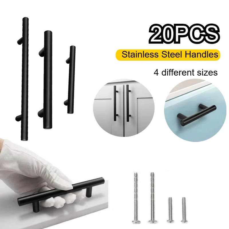 

Furniture Handles Wardrobe Door Pull Stainless Steel Drawer Handle T Bar Straight Kitchen Long Cabinet Closet Knob Black 20PCS