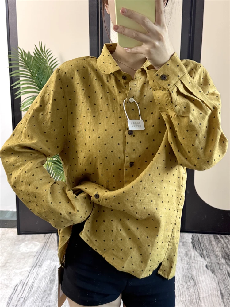 

High Quali Linen Long Sve Polka Dot Print irt Vintage Collar Comfortable Soft Women's Casual Faion Autumn Top