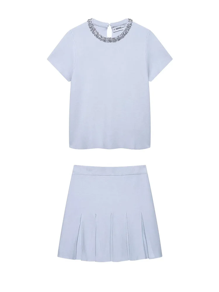 

KUCLUT Women Fashion 2 Piece Sets With Pearls Blue Sweater & Vintage Elastic Waist Mini Skirt Female Chic Lady Skirts Set