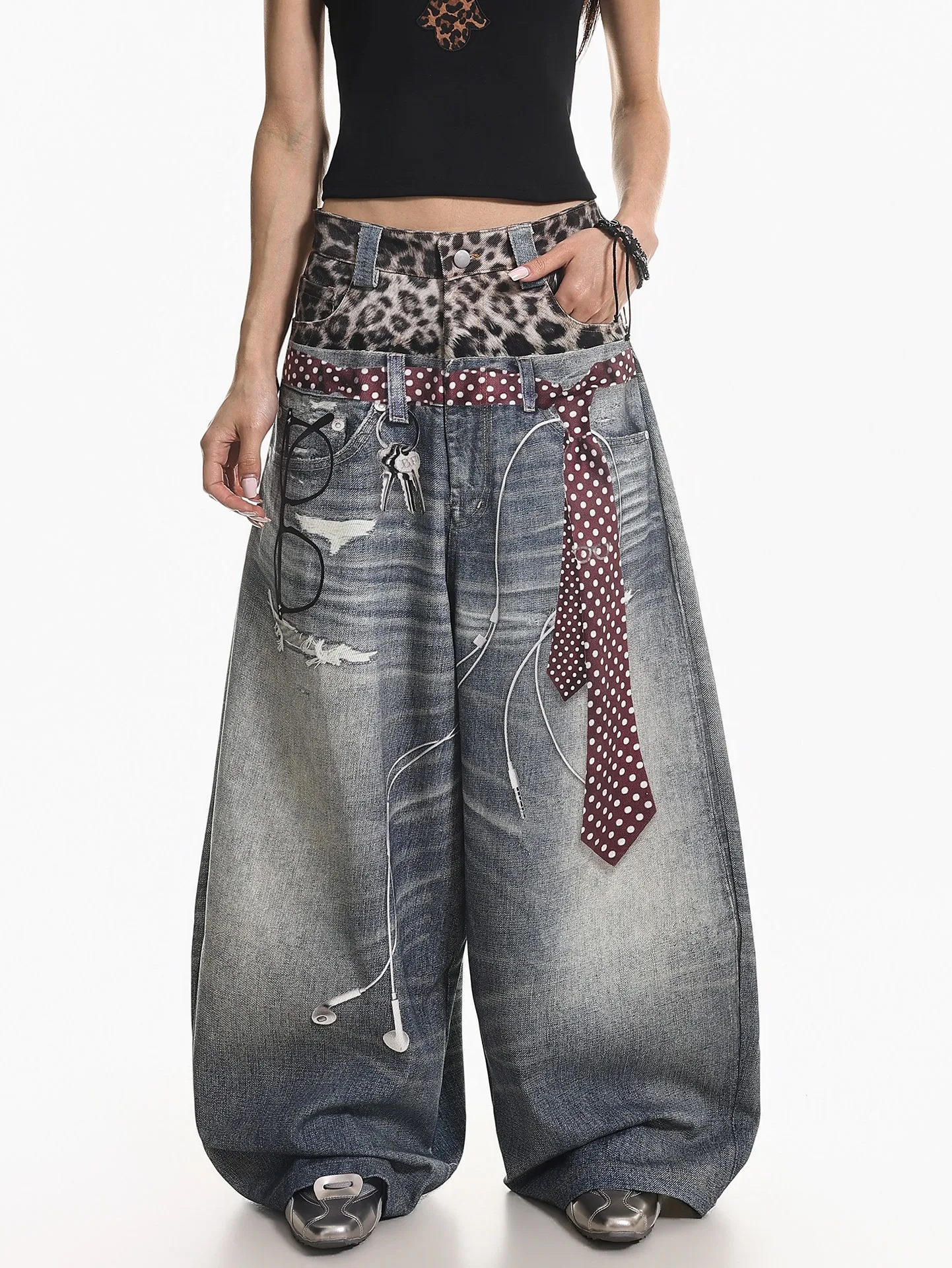 

American Retro Scimitar Tie Exquisite Printed Blue Jeans Autumn New Design Loose Contour Floor Pants Women Street Fashion Pants