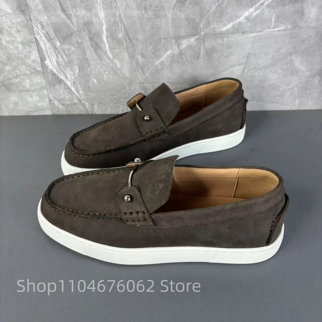 

2025 Autumn New Men's Gray Suede Loafers Square Toe Flat Metal Decoration Simple Elegant Daily Office Boys Casual Single Shoes