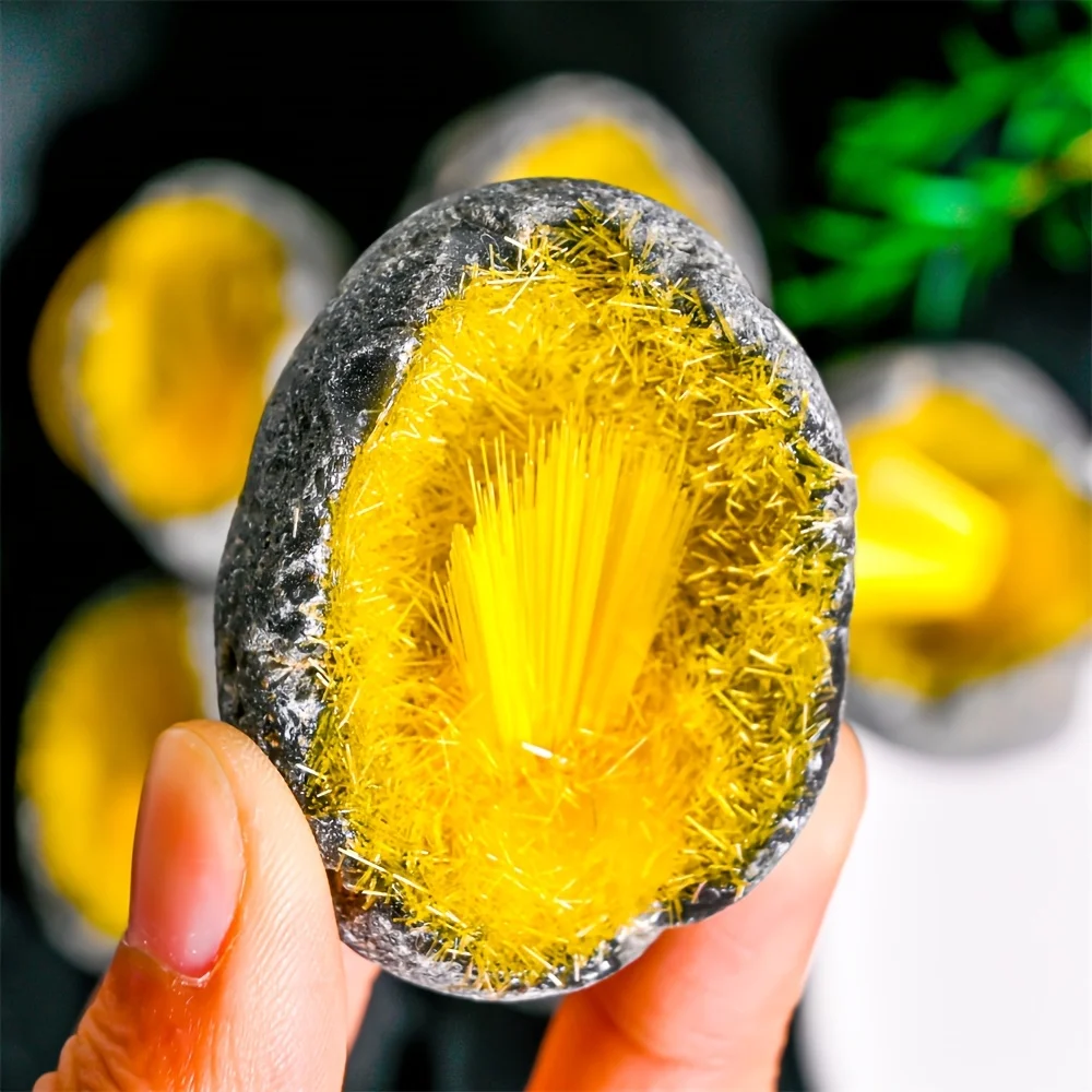 

1pc Artificial Yellow Moroccan Mineral Geode with Vibrant Yellow Fibers, Home Decor, Unique Holiday Gift