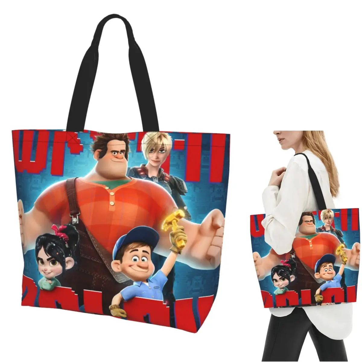 

Wreck-It Ralph мультяшная сумка для покупок, парусиновая сумка на плечо большой вместимости, продуктовая сумка для покупок для женщин