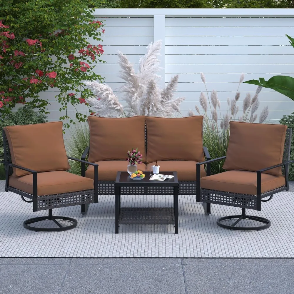 

Patio Furniture Set 4 Pieces, Patio Wicker Rattan Swivel Rocker, Outdoor Swivel Rocking Chairs Set with Loveseat, Garden Conver