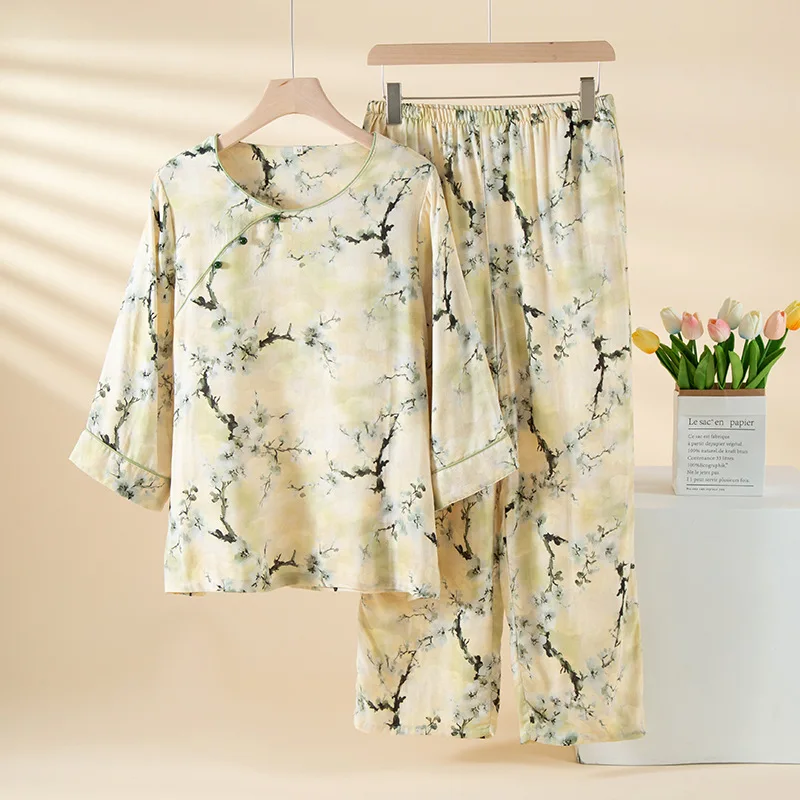 Retro Print Autumn Women's Pajamas Suit Long-Sleeved Trousers Two-Piece Sleepwear Female Clothes Home Nightwear Pyjama Femme