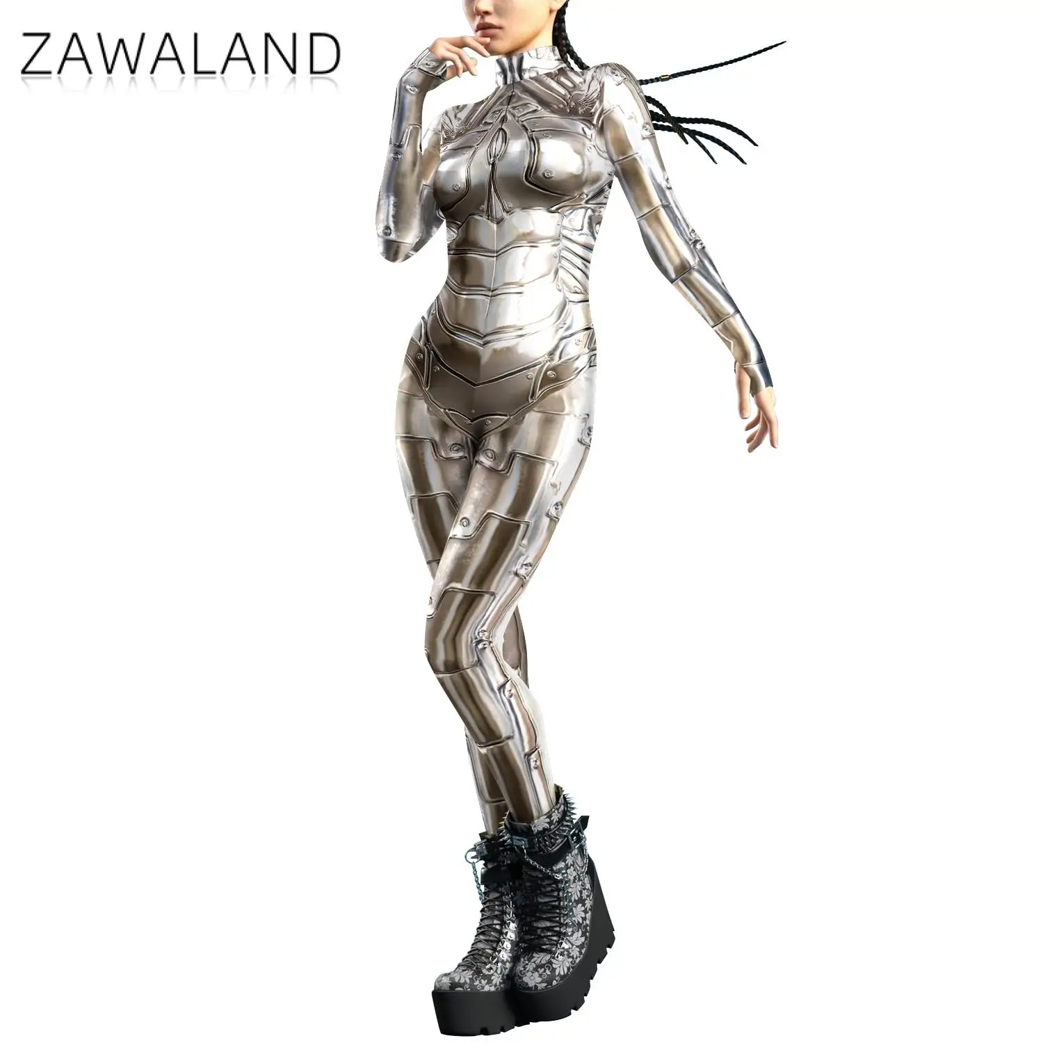 Zawaland Adult Man Woman Bodysuits 3D Printing Robot Cosplay Costumes Punk Disguise Holiday Party Elastic Jumpsuits For Female