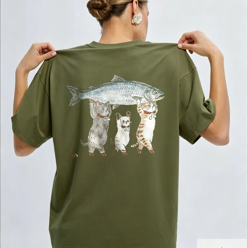 Women Front Back Double Sided Three Cats Lifting Big Salmon Watercolor T Shirt Kitten Fishing Cartoon Cotton Cat Fish Lover Tops