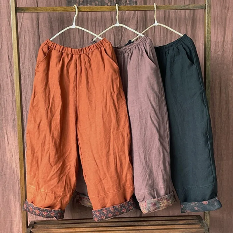 Women Vintage Linen Elastic Waist Pants Plus Cotton Warm Winter Trouser Solid Color Pockets Loose Long Trousers