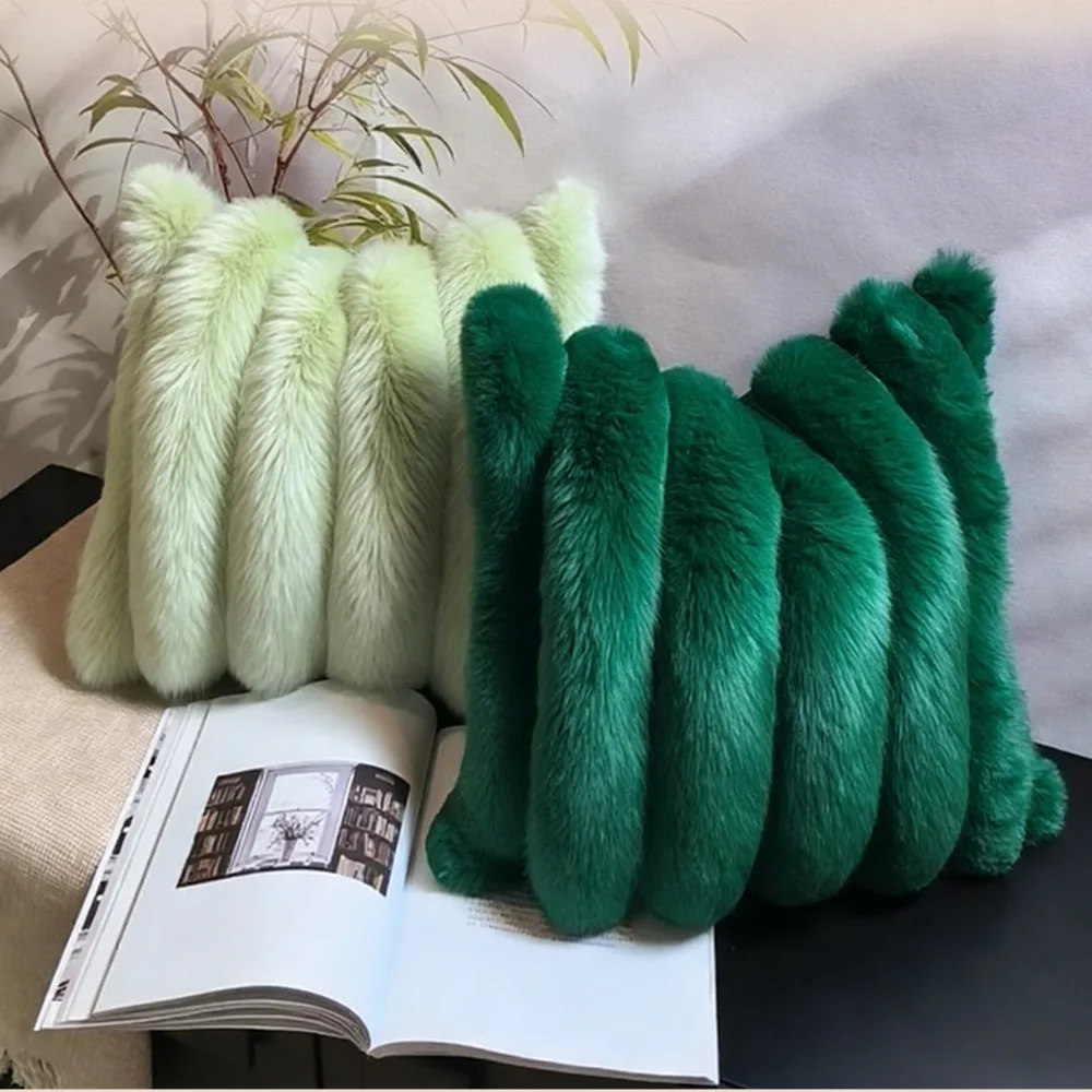Soft Faux Plush Rabbit Decorative Throw Pillow Covers Luxury Solid Striped Texture Cushion Cases For Sofa Bed Living Room Decor