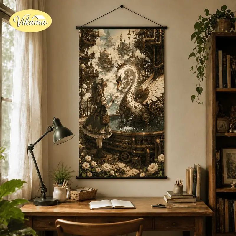 VIKAMA Steampunk Anime Girl Tapestry Mechanical Bird Treasure Box Gear Flower Art Wall Hanging Bedroom Aesthetic Home Decor