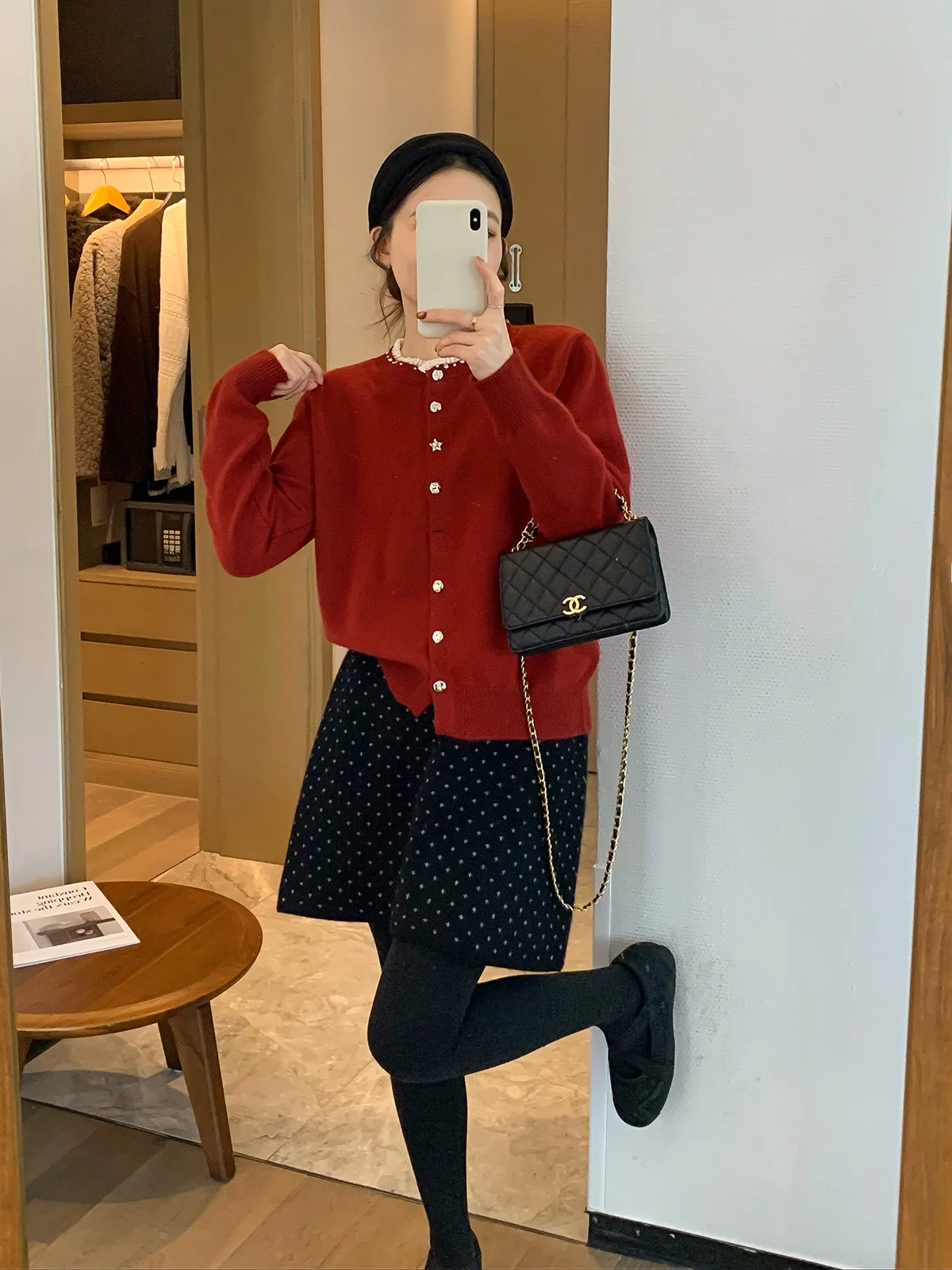 

Love Devil Fi Red Color Knitted Open Cardigan Women's Korean Sle Winter New Arrival Colion Color Collar Long Sve Top