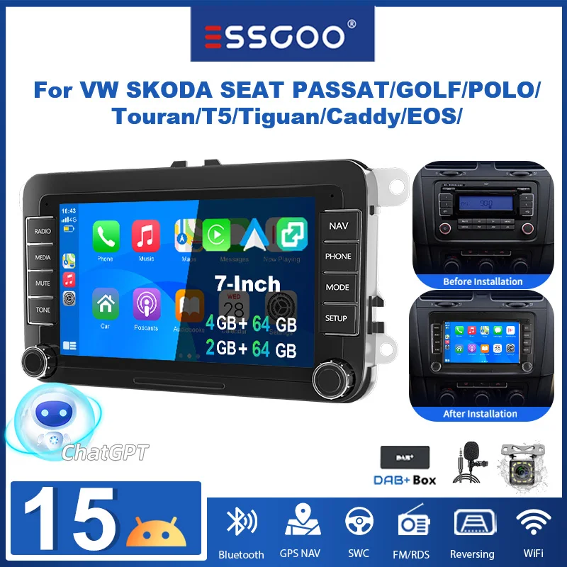 ESSGOO Android 15 7-Zoll VW Autoradio mit Wireless Carplay und Android Auto, 4GB RAM 64GB ROM Plug-and-Play Autoradio GPS WLAN Bluetooth, voll kompatibel mit VW-Modellen wie Golf 5/6/7, Polo, Passat