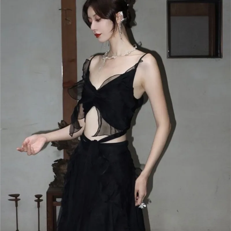 New Chinese style wear black halter vest fairy top half skirt two-piece set