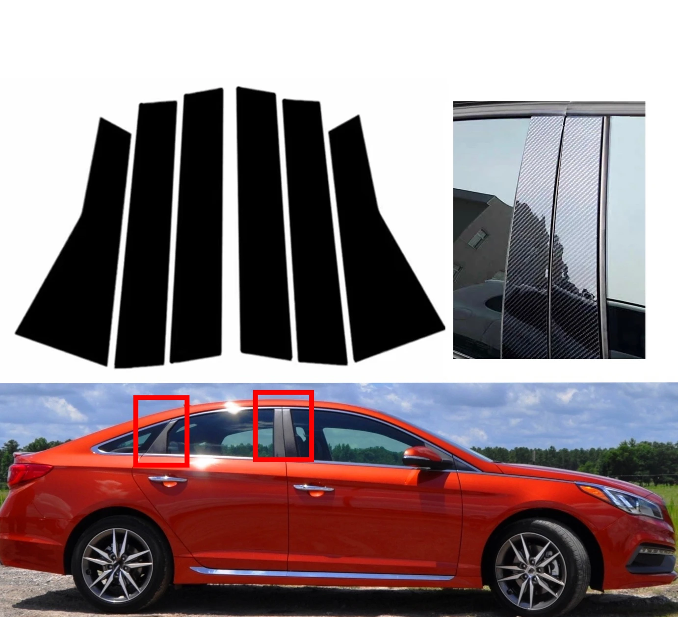 

6Pcs Glossy Black Silver Carbon Door Pillar Posts Side Trim Fit For Hyundai Sonata 2015 2016 2017 2018 2019 Window Cover Sticker