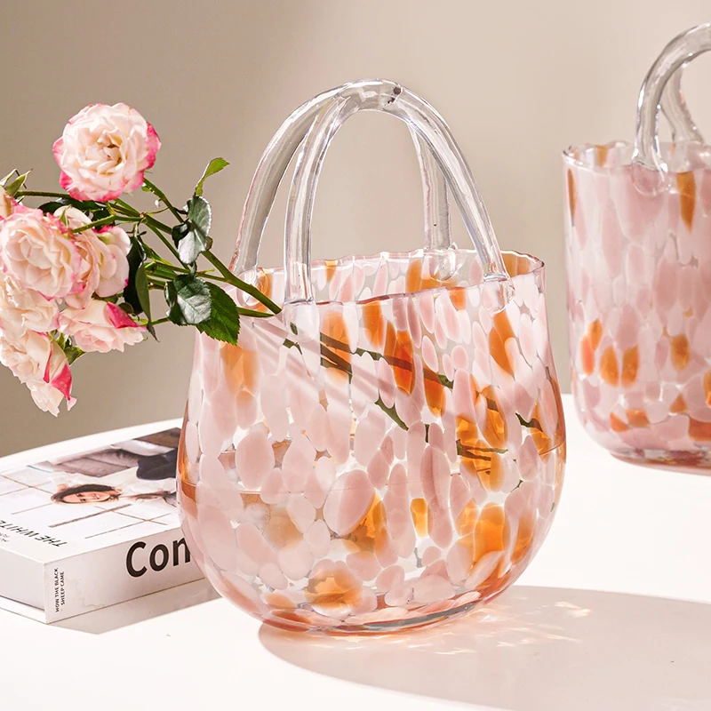 Vase Glass Material Creative Bag Shape Living Room Decoration Basket Dining Table Transparent Light Luxury Simple Medium Size1Pc