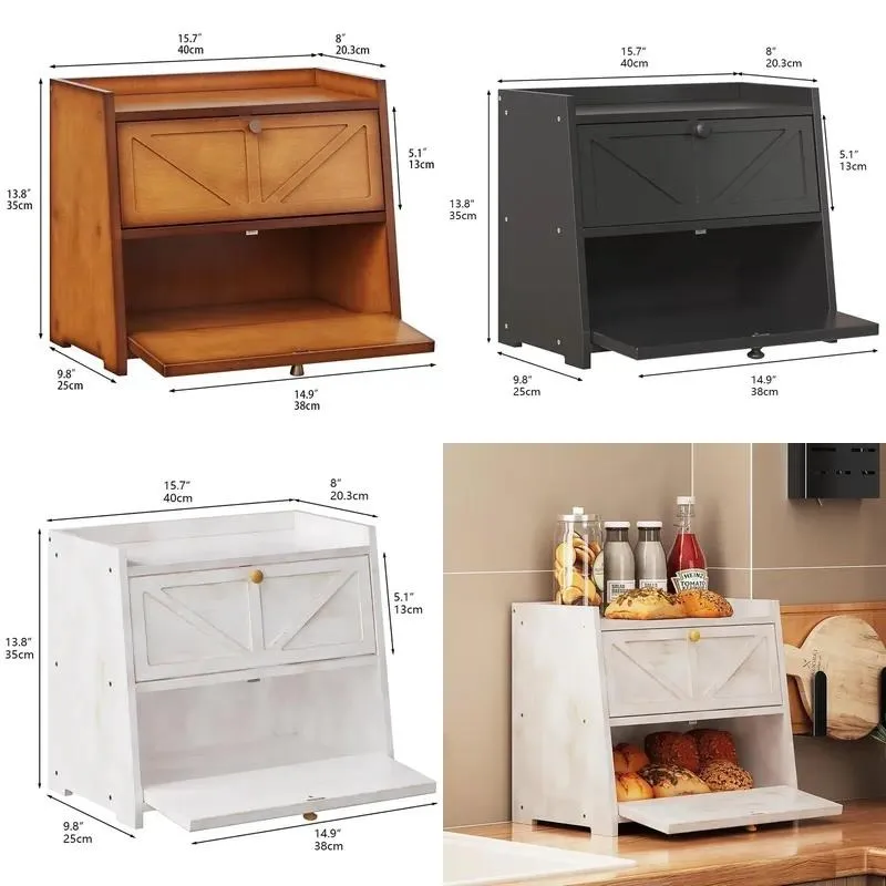 Wooden Double Layer Storage Cabinet Kitchen Utensil Condiment Organizer Box Vintage Bread Display Shelf for Home Bakery