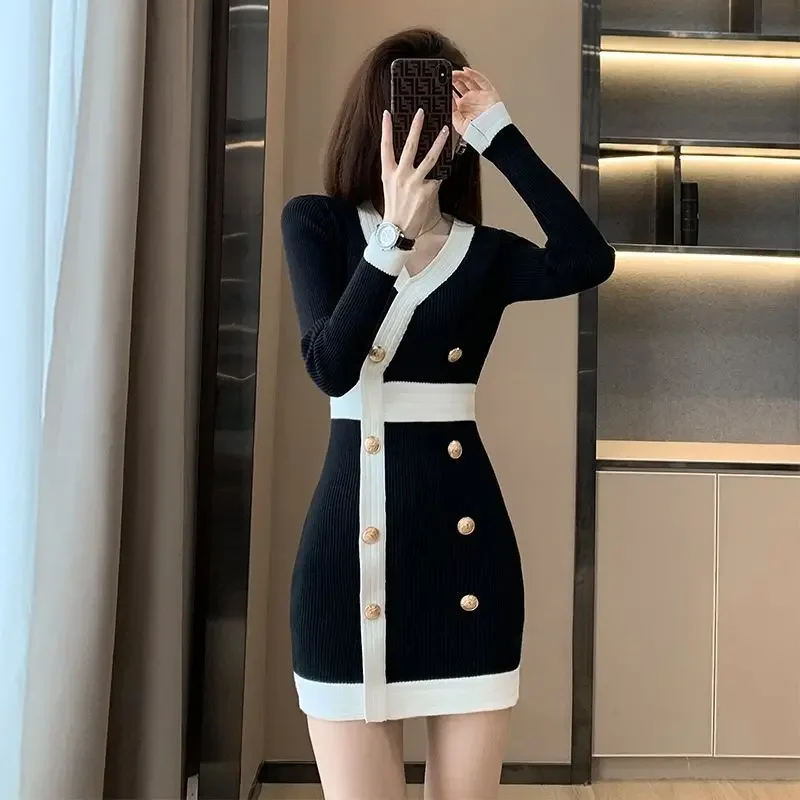 High Quality Luxury Female Knit Dress V Neck White Women\'s Crochet Dresses Black Vintage Kpop Hot Xxl Curvy Autumn and Winter X