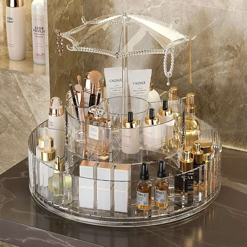 Transparent Cosmetic Organizer with Spinning Design and Multiple Compartments for Storing Makeup and Skincare Items Storage