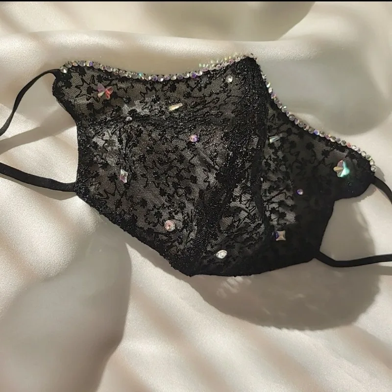 Women Fashion Lace Rhinestone Butterfly Diamond Studded Mask Autumn Winter Warm Cold Proof Windproof Dustproof Washable Cover