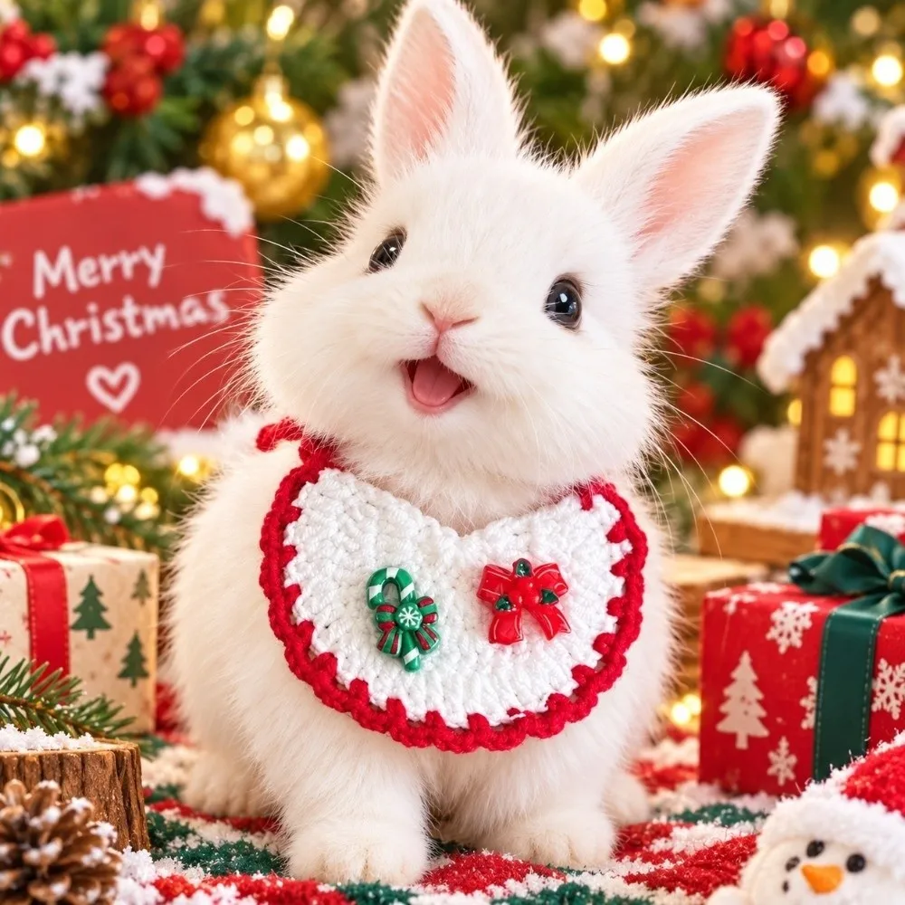 Wavy Edge Christmas Cat Bib Crochet Pattern Skin Friendly Dog Drool Towel Tie Closure Double Stranded .Knit Kitten Bandana
