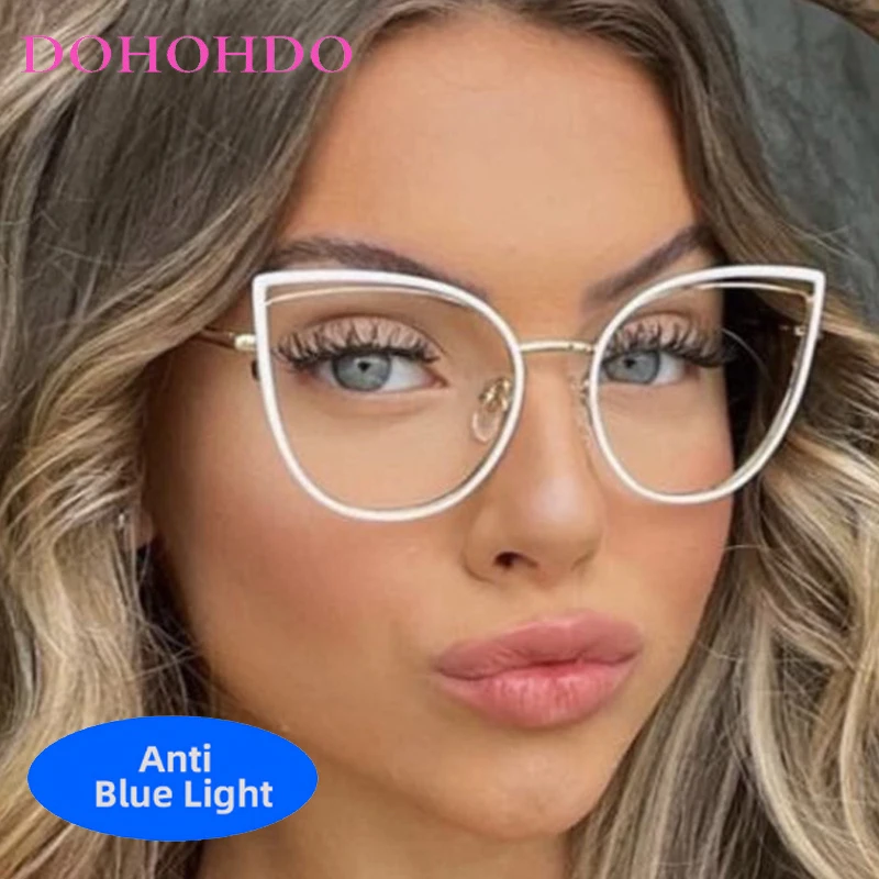 

Luxury New Fashion Hollow Out Metal Cat Eye Brand Designer Anti-Blue Light Glasses For Men Women Computer Optical Eyewear Unisex