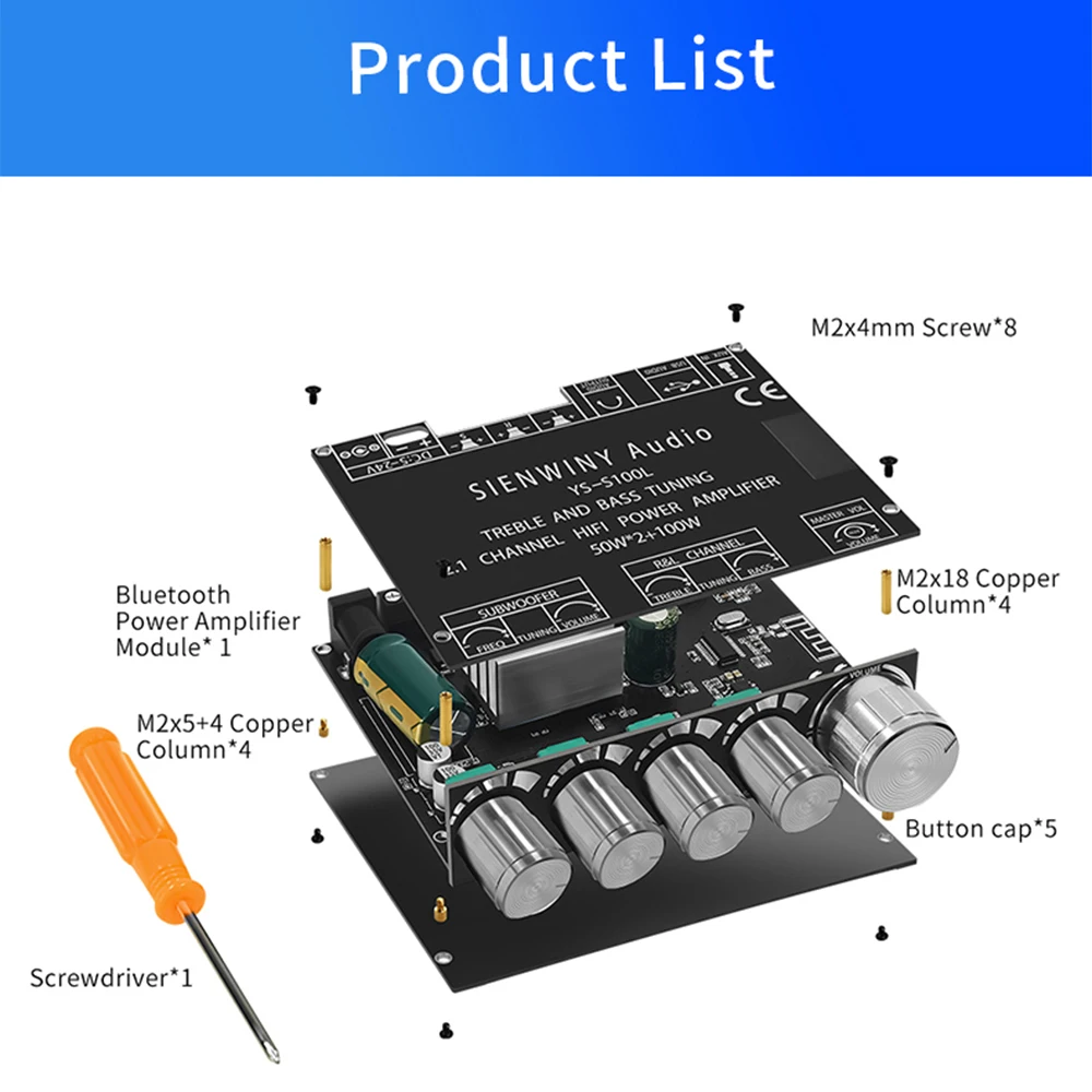 YS-S100L Bluetooth 5.0 2.1 Channel Power Audio Stereo Subwoofer Amplifier Board 50WX2+100W TREBLE Bass note tuning AMP S100H