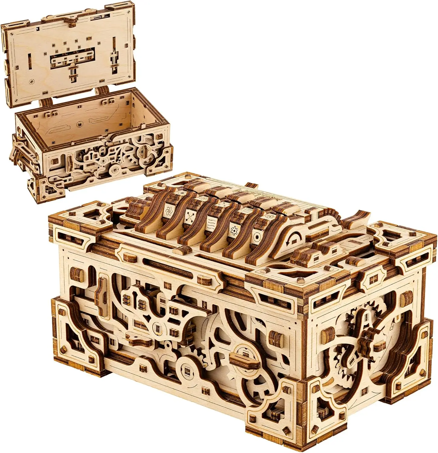 

Wooden 3D Puzzle Chest Lock Box for Adults - DIY Mechanical Engineering Model Kit to Build
