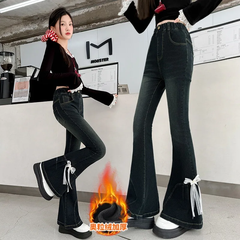 Teenager Girls Denim Flare Pants, Denim Pants with Pleated Cuffs, Big Kids Bow Denim Pants, Suitable for Ages 4-14 Years