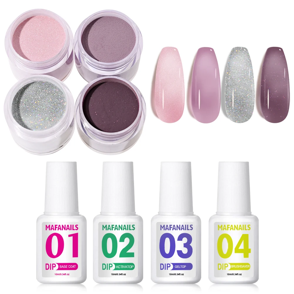 8Pcs Dip Powder Nail Kit 10g * 4 Colors Glitter Dips Powder 4Step With Base&Top Coat Beginner Liquid Gel DIY Dipping Manicure Set*