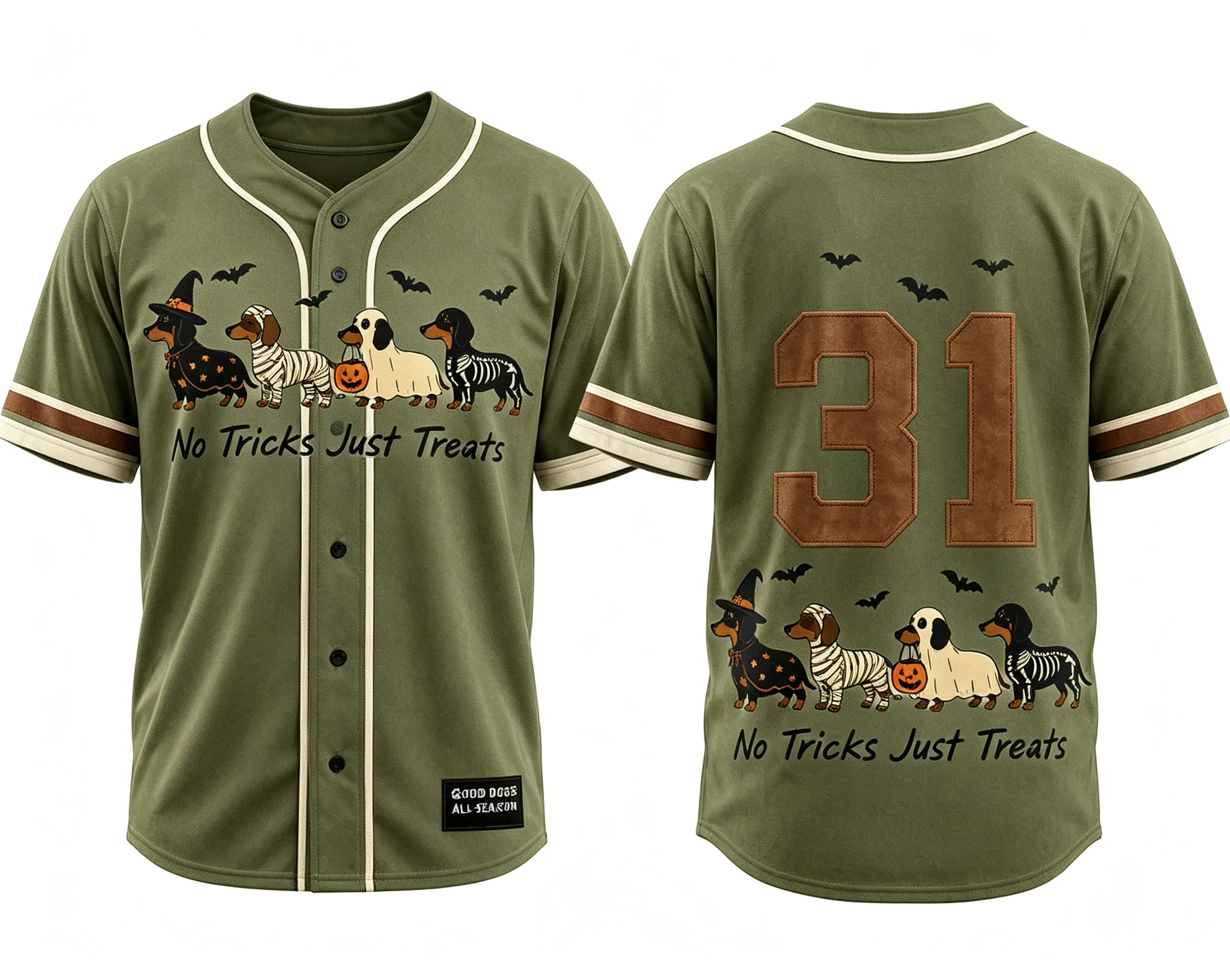 Halloween Dachshund Baseball‑Style All‑Over Print T‑Shirt, No Real Buttons Polyester Mesh Tee Men Women Cosplay Family Gift Top