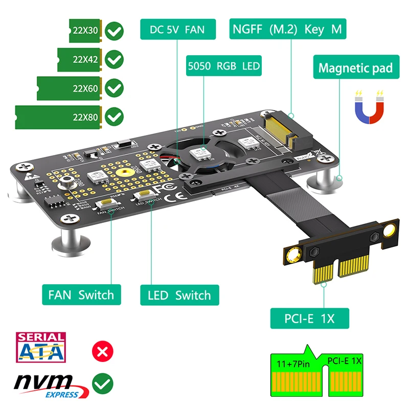 Cabo de extensão Riser Card com ventilador de refrigeração, LED RGB, Pad magnético, M.2 NVME, M-Key para PCI Express 3.0 X1, 5cm, 2230-2280, SSD