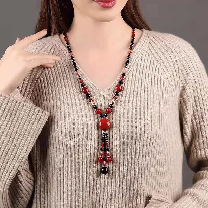 Sweater Chain Chinese Style Pendant Women's Long Necklace Agate Ethnic Style Decorative Necklace