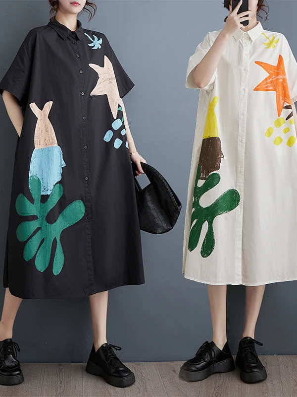 

Loose Casual Print Splicing ort Sve Dr Single Scissors Label Spring Summer Women's Mid-Length Dr Collar