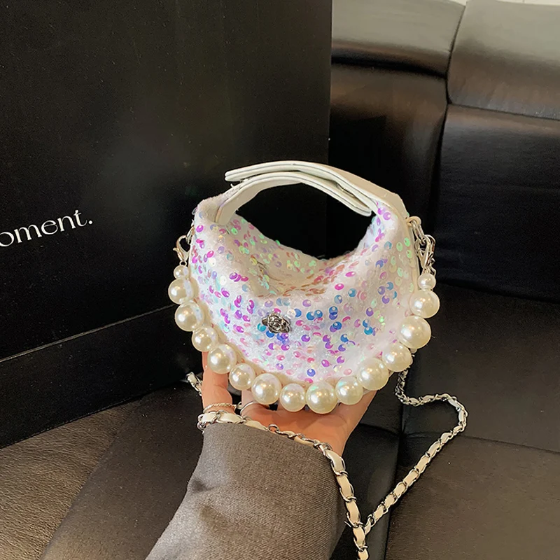 

Pearl Chain Bag Lady Shin Sequins Crossbody Bag Luxury Handbag Silver Gold Evening Bag Fashion Party Purse Half Moon Bag