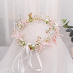 Pearl Butterfly Bridal Wreath Crystal Pearl Headband Tiara For Women Flower Butterfly Rhinestone Party Hairbands Princess